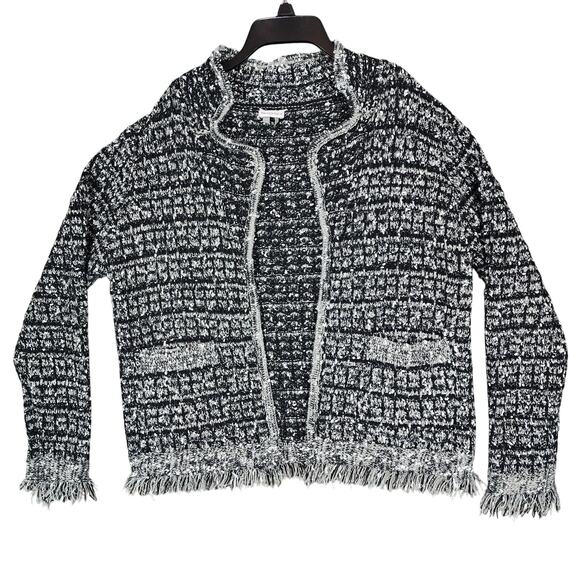 Sioni Cardigan Sweater L‎ Women Black White Heathered Open Front Fringe Pockets - Picture 1 of 13